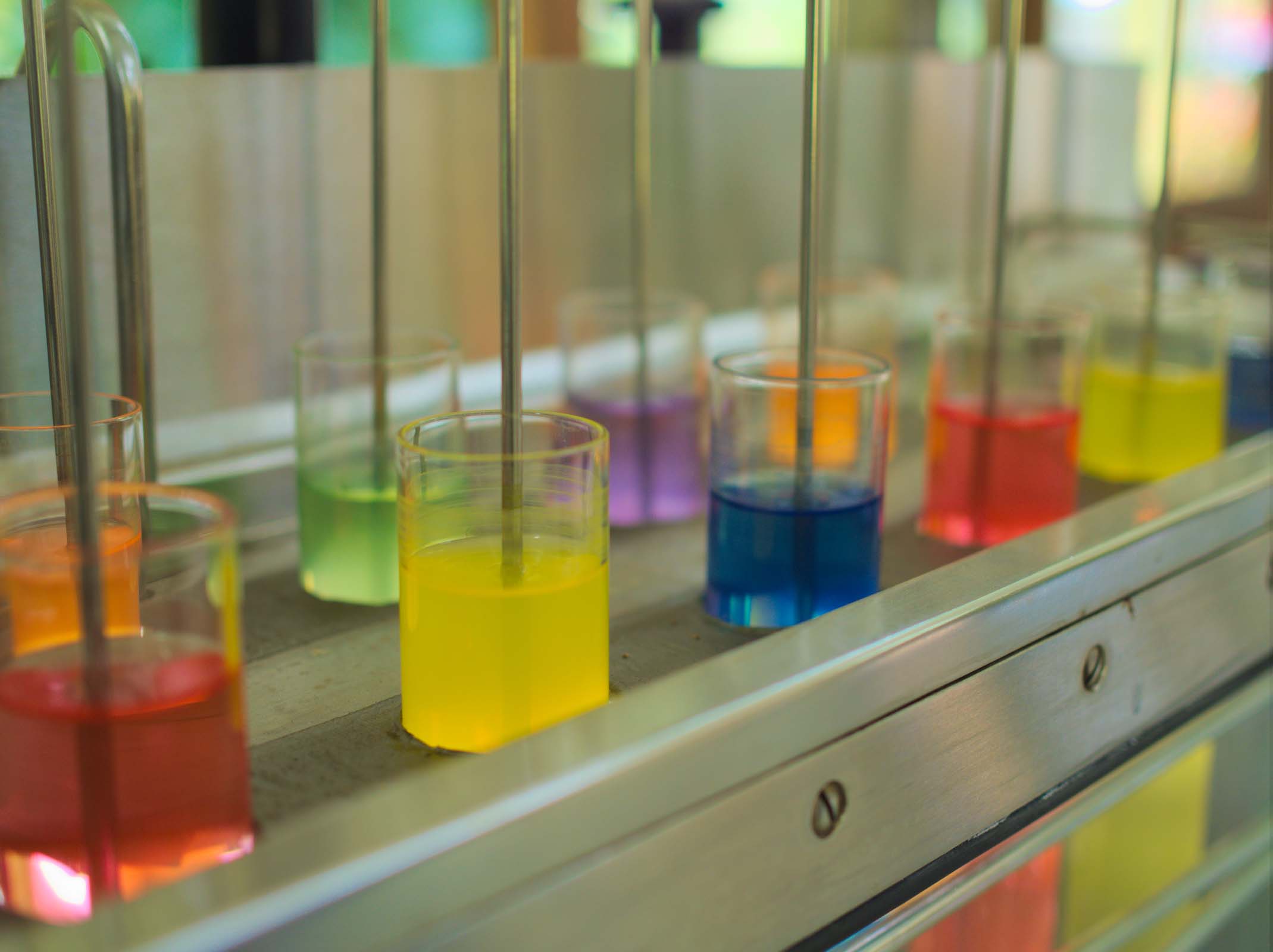 Reagenzgläser gefüllt mit unterschiedlich farbigen Flüssigkeiten
